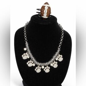 Paw Print Rhinestone Necklace & Football Bracelet Set | Silver Tone | 11”